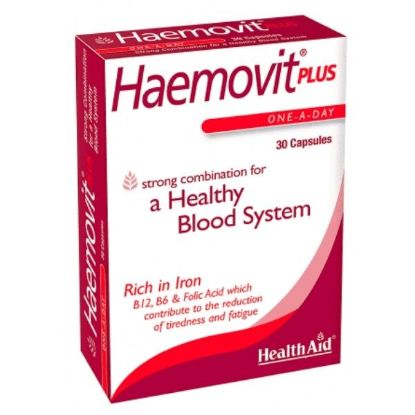 Εικόνα της HEALTH AID HAEMOVIT PLUS 30CAPS    HEALTH AID Haemovit Plus Συμπλήρωμα Διατροφής με Σίδηρο, Βιταμίνες B6, B12 & Φολικό Οξύ για την Καλή Υγεία του Αιμοποιητικού Συστήματος 30 Κάψουλες