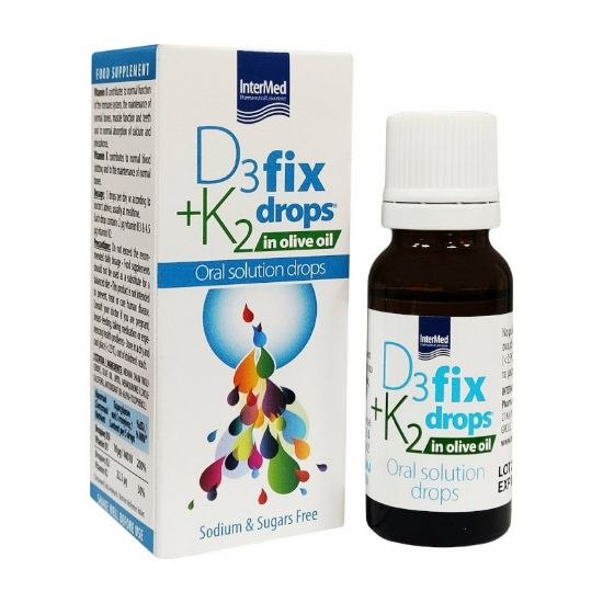 Εικόνα της INTERMED D3 & K2 FIX DROPS IN OLIVE OIL ORAL DROPS 12ML. Συμπλήρωμα Διατροφής για το Ανοσοποιητικό σε Υγρή Μορφή, 12ml