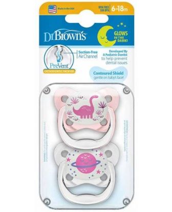 Εικόνα της DR. BROWN'S PREVENT GLOW IN THE DARK ORTHODONTIC SILICONE SOOTHER 6-18 ΜΗΝΩΝ, 2 ΤΕΜΑΧΙΑ ΡΟΖ / ΔΙΑΦΑΝΟ.