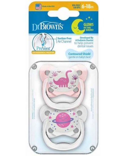 Εικόνα της DR. BROWN'S PREVENT GLOW IN THE DARK ORTHODONTIC SILICONE SOOTHER 6-18 ΜΗΝΩΝ, 2 ΤΕΜΑΧΙΑ ΡΟΖ / ΔΙΑΦΑΝΟ.