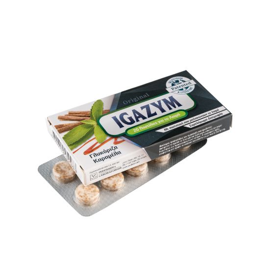 Εικόνα της IGAZYM ORIGINAL ΚΑΡΑΜΕΛΑ- ΓΛΥΚΟΡΙΖΑ 20ΤΑΒS 16G  Igazym Licorice & Caramel Παστίλιες για τον Λαιμό, με Γλυκόριζα & Καραμέλα, 20Τμχ.