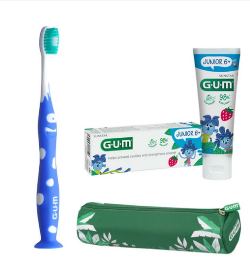 Εικόνα της GUM JUNIOR JUNCLE KIT ΜΠΛΕ  GUM - Junior Οδοντόπαστα 6+ ετών (50ml) & Οδοντόβουρτσα 6-9 ετών Μπλε (1τμχ) & ΔΩΡΟ Κασετίνα και Κλεψύδρα