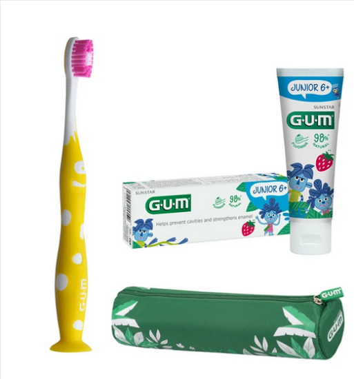 Εικόνα της GUM JUNIOR JUNGLE KIT ΚΙΤΡΙΝΟ  GUM - Junior Οδοντόπαστα 6+ ετών (50ml) & Οδοντόβουρτσα 6-9 ετών Κίτρινο (1τμχ) & ΔΩΡΟ Κασετίνα και Κλεψύδρα