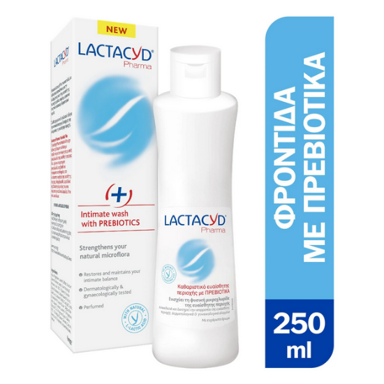 Εικόνα της LACTACYD PREBIOTIC PLUS 250ML     Lactacyd Pharma Intimate Wash With Prebiotics + Καθαριστικό Ευαίσθητης Περιοχής Με Πρεβιοτικά, 250ml