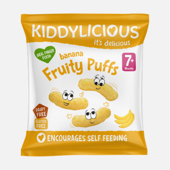 Εικόνα της KIDDYLICIOUS FRUITY PUFFS 7+ BANANA 10GR    Kiddylicious Banana Fruity Puffs 7m+ Γαριδάκια Μπανάνα, 10gr