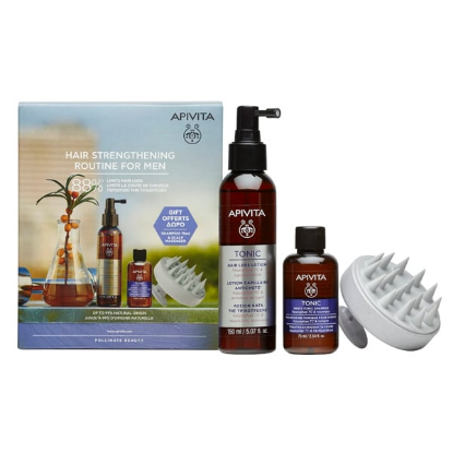 Εικόνα της APIVITA PROMO HAIR STRENGTHENING ROUTINE FOR MEN. ME HAIR LOSS LOTION 150ML & MINI TONIC SHAMPOO 75ML & SCALP BRUSH MASSAGER.