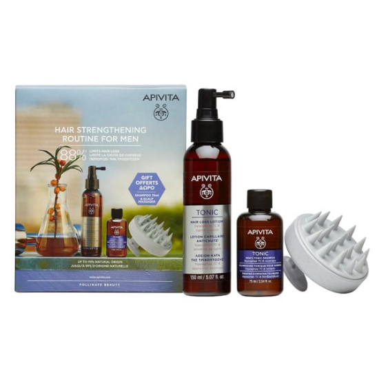 Εικόνα της APIVITA PROMO HAIR STRENGTHENING ROUTINE FOR MEN. ME HAIR LOSS LOTION 150ML & MINI TONIC SHAMPOO 75ML & SCALP BRUSH MASSAGER.