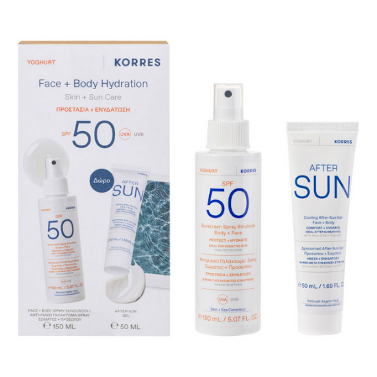 Εικόνα της KORRES PROMO YOGHURT SUNSCREEN FACE & BODY HYDRATION SPRAY SPF50, 150ml & ΔΩΡΟ COOLING AFTER SUN GEL FOR FACE & BODY, 50ml