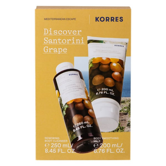 Εικόνα της KORRES DISCOVER SANTORINI GRAPE PROMO ΜΕ BODY CLEANSER ΑΦΡΟΛΟΥΤΡΟ ΣΤΑΦΥΛΙ, 250ML & SMOOTHING MILK ΕΝΥΔΑΤΙΚΟ ΓΑΛΑΚΤΩΜΑ ΣΩΜΑΤΟΣ ΣΤΑΦΥΛΙ, 200ML