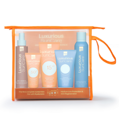 Εικόνα της INTERMED LUXURIOUS SUNCARE MEDIUM LOW PROTECTION PACK ΜΕ BODY CREAM ΚΡΕΜΑ ΣΩΜΑΤΟΣ SPF15, 200ML, FACE CREAM ΚΡΕΜΑ ΠΡΟΣΩΠΟΥ SPF50, 75ML, DARK TANNING OIL, 200ML, AFTER SUN COOLING GEL, 150ML & HYDRATING ANTIOXIDANT ΕΝΥΔΑΤΙΚΟ MIST, 200ML, 1ΣΕΤ